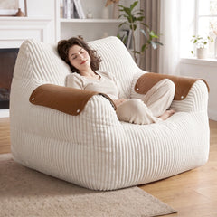 Snhomee Large Fluffy Bean Bag Chair for Adults, Striped Corduroy Bean Bag Sofa with PU Leather Armrest, Comfy Lounge Couch for Bedroom & Dorm
