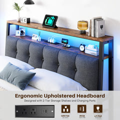 Snhomee Bed Frame with 2-Tier Storage Shelves, Charging Station and LED Lights, 12" Under Bed Storage, Noise Free, No Box Spring Needed