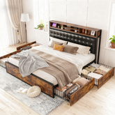 Snhomee Luxury Upholstered Bed Frame with 4 Storage Drawers & USB Charging - 1100LB Heavy Duty, Silent Design, No Box Spring Needed, Vintage Brown