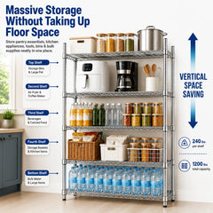 Snhomee 5 Tier Metal Shelving Storage Shelves, 5-Tier 1200LBS Adjustable Metal Shelves,Shelving Unit for Kitchen, Pantry, Laundry Room, Warehouse, Office