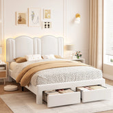 Snhomee Full Size Bed Frame with LED Lights, Velvet Upholstered Headboard, 2 Storage Drawers, Adjustable Height, Strong Support, No Box Spring Needed, Easy Assembly, Cream