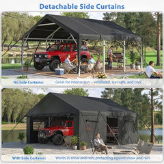 Snhomee Portable Metal Carport, 20x20 FT Garage Carports Near Me with Removable Sides, Roll-up Doors & Mesh Windows, Waterproof & UV Protected for Cars, Boats, Outdoor Storage, Party