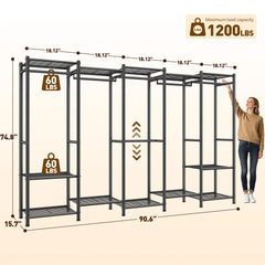Snhomee 1200LBS Heavy Duty Clothes Rack,Portable Closet Wardrobe with 6 Hanging Rods & 12 Shelves,90.6"W Freestanding Closet Organizer,Garment Rack for Bedroom