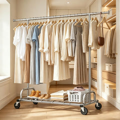 Snhomee 75"W Heavy Duty Rolling Garment Rack, 485 LBS Expandable Clothes Rack with Lockable Wheels for Bedroom Laundry Room