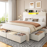 Snhomee Upholstered Bed Frame with 4 Drawers, Velvet Hollow Out Storage Headboard, LED Lights & USB Charging Station, Noise-Free, No Box Spring Needed