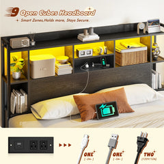 King-size multi-functional headboard with 9 open compartments, detailed display of multi-specification charging stations