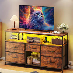 Snhomee 50" Inch TV Stand with Shelves, Entertainment Center with LED & Power Outlets, 5 Drawers Dresser for Bedroom, Living Room