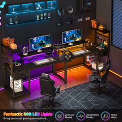 Snhomee 40" Computer Desk with Built-in Charging Station and LED Lights, Quick Setup Gaming Desk with Drawer and Monitor Riser, Compact Study Desk for Small Spaces