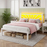 Snhomee White Metal Platform Bed Frame with LED Lights & Charging Station, Modern Sunburst Headboard, Under-Bed Storage, No Box Spring Needed for Teen Rooms, Apartments & Guest Bedrooms