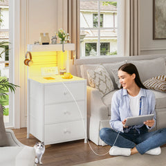 Snhomee Modern White LED Nightstand with 3 Drawers, 4 Hooks, USB Ports & AC Outlets, Bedside Table for Bedroom