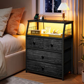 Snhomee LED Nightstand with Charging Station, 4 Fabric Drawers, USB Ports & Power Outlets for Bedroom, Living Room