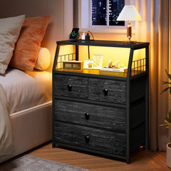 Snhomee LED Nightstand with Charging Station, 4 Fabric Drawers, USB Ports & Power Outlets for Bedroom, Living Room