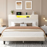 Snhomee Upholstered Bed Frame with Velvet Hollow Out Storage Headboard, LED Lights & USB Charging Station, Platform Bed, Noise-Free, No Box Spring Needed