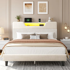 Snhomee LED Velvet Upholstered Bed Frame with Storage Headboard & USB Charging Station, Platform Bed, Noise-Free, No Box Spring Needed