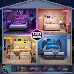 Snhomee Upholstered Bed Frame with Velvet Hollow Out Storage Headboard, LED Lights & USB Charging Station, Platform Bed, Noise-Free, No Box Spring Needed