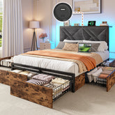 Snhomee Bed frame featuring six storage drawers, upholstered headboard with built-in charging station, noise-free operation, and easy assembly