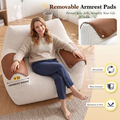 Snhomee Large Fluffy Bean Bag Chair for Adults, Striped Corduroy Bean Bag Sofa with PU Leather Armrest, Comfy Lounge Couch for Bedroom & Dorm