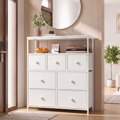 37.4"W White Dresser for Bedroom, 7 Fabric Drawers with 2 Open Shelves, Wooden Top Dresser for Closet, Entryway