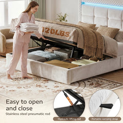 Snhomee Lift Up Hydraulic Storage Bed, Velvet Bed Frame with LED Lights & 2 Drawers, Noise-Free, No Box Spring Needed, Easy Assembly