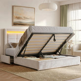 Snhomee Lift Up Hydraulic Storage Bed, Velvet Bed Frame with LED Lights & 2 Drawers, Noise-Free, No Box Spring Needed, Easy Assembly