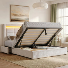 Snhomee Lift Up Hydraulic Storage Bed, Velvet Bed Frame with LED Lights & 2 Drawers, Noise-Free, No Box Spring Needed, Easy Assembly