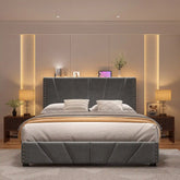 Metal Bed Frame with LED Lights & USB Charging Station Upholstered Bed Frame with Adjustable Headboard-Bed Frame-Full-Grey-snhomee