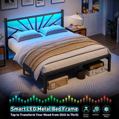 Snhomee LED Metal Bed Frame with Storage Space, 882Lbs & Quiet Support, No Box Spring Needed