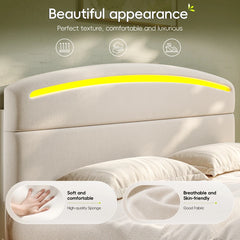 Snhomee Modern Upholstered Bed Frame with Curved LED Headboard, Spacious Storage Drawers & Charging Station for Bedroom