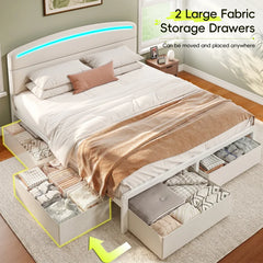 Snhomee Modern Upholstered Bed Frame with Curved LED Headboard, Spacious Storage Drawers & Charging Station for Bedroom