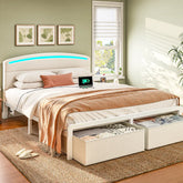 Snhomee Modern Upholstered Bed Frame with Curved LED Headboard, Spacious Storage Drawers & Charging Station for Bedroom