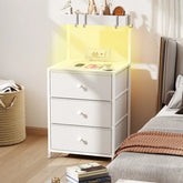 Snhomee Modern White LED Nightstand with 3 Drawers, 4 Hooks, USB Ports & AC Outlets, Bedside Table for Bedroom