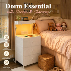 Snhomee Modern White LED Nightstand with 3 Drawers, 4 Hooks, USB Ports & AC Outlets, Bedside Table for Bedroom