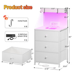 Snhomee Modern White LED Nightstand with 3 Drawers, 4 Hooks, USB Ports & AC Outlets, Bedside Table for Bedroom