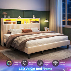 Snhomee Velvet Upholstered Bed Frame with Multi-Tier Storage Headboard, LED Lights & Charging Station, Noise-Free Heavy-Duty Support, No Box Spring Needed