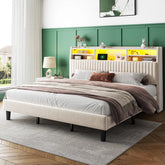 Snhomee Velvet Upholstered Bed Frame with Multi-Tier Storage Headboard, LED Lights & Charging Station, Noise-Free Heavy-Duty Support, No Box Spring Needed