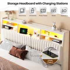 Snhomee Velvet Upholstered Bed Frame with Multi-Tier Storage Headboard, LED Lights & Charging Station, Noise-Free Heavy-Duty Support, No Box Spring Needed