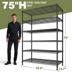 Snhomee 6 Tier Adjustable Metal Wire Storage Shelving Unit, 35.4"W x 75"H x 15.7"D, 1200 LBS Heavy Duty Garage Pantry Storage Rack for Kitchen & Commercial Use