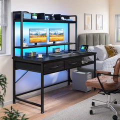 Snhomee Office Computer Desk with Hutch, LED & Charging Station, Computer Desk with Monitor Stand for Bedroom, Gaming & Home Office