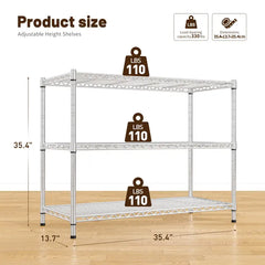 Snhomee 3- Shelf Metal Shelving Unit,Adjustable Steel Wire Shelving Units,Heavy Duty Garage Steel Shelving for Kitchen Pantry,Chrome