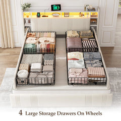 Snhomee Upholstered Bed Frame with Storage Headboard & 4 Drawers, LED & Charging Station, 1200 lbs, Noise-Free, No Box Spring Needed