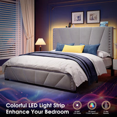 Snhomee Velvet Upholstered LED Platform Bed Frame with Charging Station & Adjustable Storage Headboard - 881LBS Heavy Duty, Noise-Free Platform Bed