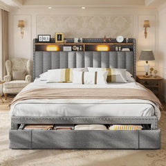 Snhomee Upholstered Bed Frame with Storage, High Weight Capacity, Silent Platform Bed, No Box Spring Needed
