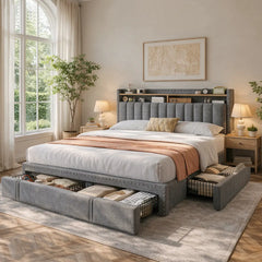 Snhomee Upholstered Bed Frame with Storage, High Weight Capacity, Silent Platform Bed, No Box Spring Needed