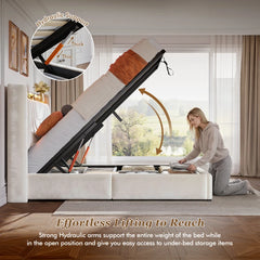 Snhomee Upholstered Hydraulic Storage Bed Frame with LED Lights & Charging Station, Velvet Headboard, 880 lbs Heavy-Duty Support, Quiet Platform Bed