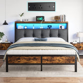 Snhomee Bed Frame with 2-Tier Storage Shelves, Charging Station and LED Lights, 12" Under Bed Storage, Noise Free, No Box Spring Needed