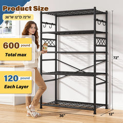 Snhomee 36" W Storage Shelves with Hooks, Heavy Duty Garage Shelving Unit with Leveling Feet, Easy Assembly Shelving Unit for Pantry, Kitchen, Laundry Room