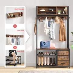 Snhomee Hall Tree Coat Rack Freestanding with Bench&Shoe Storage,with 12 Hooks for Entryway