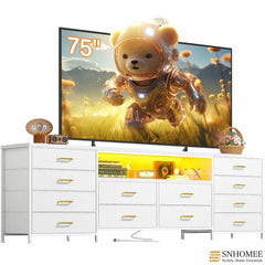 75 Inch TV Stand with 12 Drawers - Heavy-Duty Media Console for 65-80" TVs, Steel Frame Dresser with Anti-Tip Design, No Tools Assembly Entertainment Center for Living Room/Bedroom/Gaming Setup-Dresser TV Stand-White-snhomee
