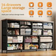 Dresser for Bedroom with Power Outlets, TV Stand with 16 Drawers, Fabric Dressers & Chest of Drawers with Wood Top,Sturdy Metal Frame for Living Room, Closet,Entryway-Dresser TV Stand-Rustic Brown-snhomee