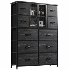 Tall Dresser 10 Drawers Dresser for Bedroom, Fabric Chests of Drawers with Metal Screen Door-Furniture > Dresser-48"H X 38"W X 11.8"D-Black-snhomee